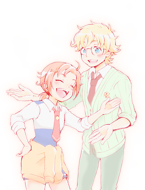 10s, 1boy, 1girl, blonde_hair, brian_taylor, freckles, glasses, happy, hino_akane_(precure), ponytail, precure, red_eyes, red_hair, school_uniform, short_hair, sleeves_rolled_up, smile, smile_precure!, t9634, tsukkomi