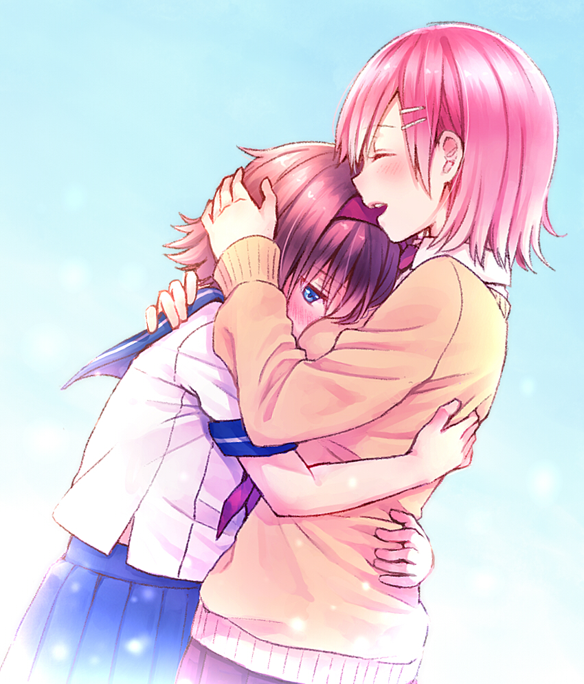 00s, 2girls, blue_eyes, blush, brown_hair, cardigan, closed_eyes, estellise_sidos_heurassein, estellise_sidos_heurassein_(campus_royalty), hair_ornament, hairband, hairclip, hand_on_another's_head, head_on_chest, hug, multiple_girls, official_alternate_costume, open_mouth, pink_hair, pleated_skirt, profile, rita_mordio, school_uniform, serafuku, short_hair, skirt, smile, tales_of_(series), tales_of_vesperia, yukiiti, yuri