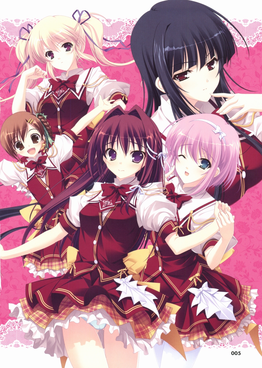 5girls, :d, ;d, absurdres, black_hair, blonde_hair, blue_eyes, brown_eyes