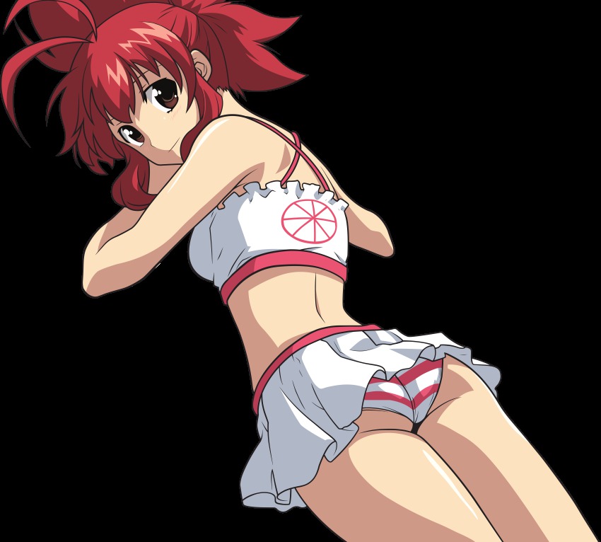 1girl, absurdres, ass, bikini, brown_eyes, derivative_work, female_focus, highres, ichiban_ushiro_no_daimaou, incredibly_absurdres, looking_at_viewer, looking_back, red_hair, soga_keena, solo, striped_bikini, striped_clothes, swimsuit, vector_trace