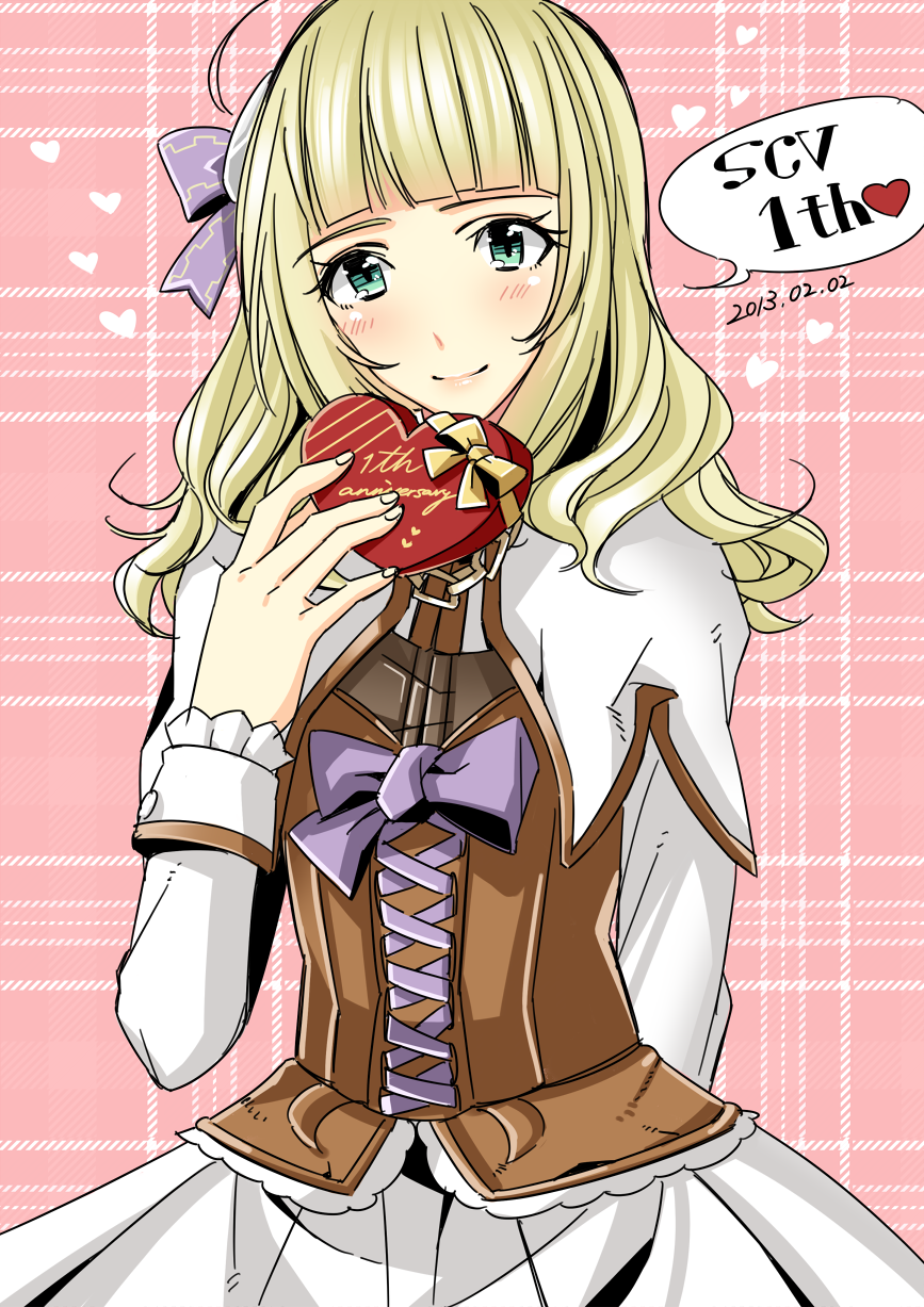 10s, 1girl, 2013, blonde_hair, capelet, chocolate, corset, dress, female_focus, green_eyes, hair_ornament, heart, highres, lips, mtktc, pyrrha_alexandra, smile, solo, soul_calibur, soulcalibur, soulcalibur_v