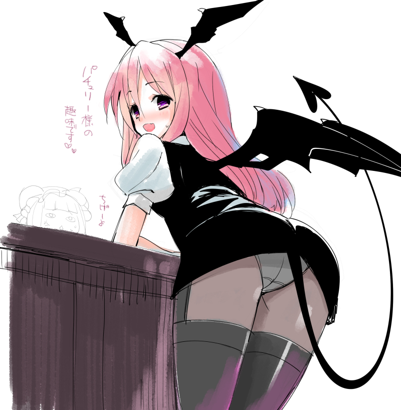 2girls, :d, anger_vein, ass, bad_id, bad_pixiv_id, black_legwear, demon_girl, demon_tail, demon_wings, female_focus, from_behind, from_below, hat, head_wings, koakuma, leaning_forward, long_hair, looking_at_viewer, looking_back, mob_cap, multiple_girls, numako, open_mouth, panties, panties_under_pantyhose, pantyhose, patchouli_knowledge, pink_eyes, pink_hair, puffy_short_sleeves, puffy_sleeves, purple_eyes, shirt, short_sleeves, simple_background, smile, tail, thighhighs, touhou, translated, underwear, upskirt, white_background, white_shirt, wings