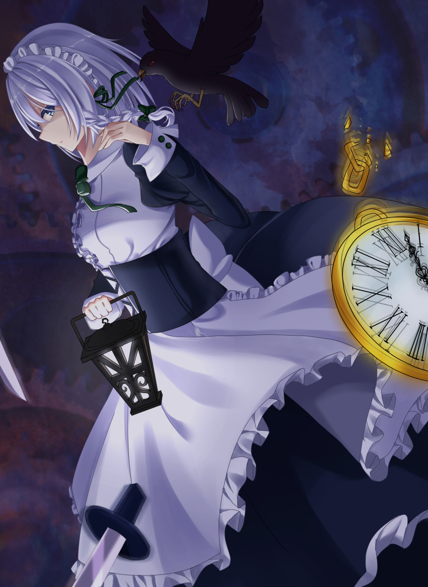 1girl, absurdres, afterimage, apron, arm_up, bird, blue_eyes, bodice