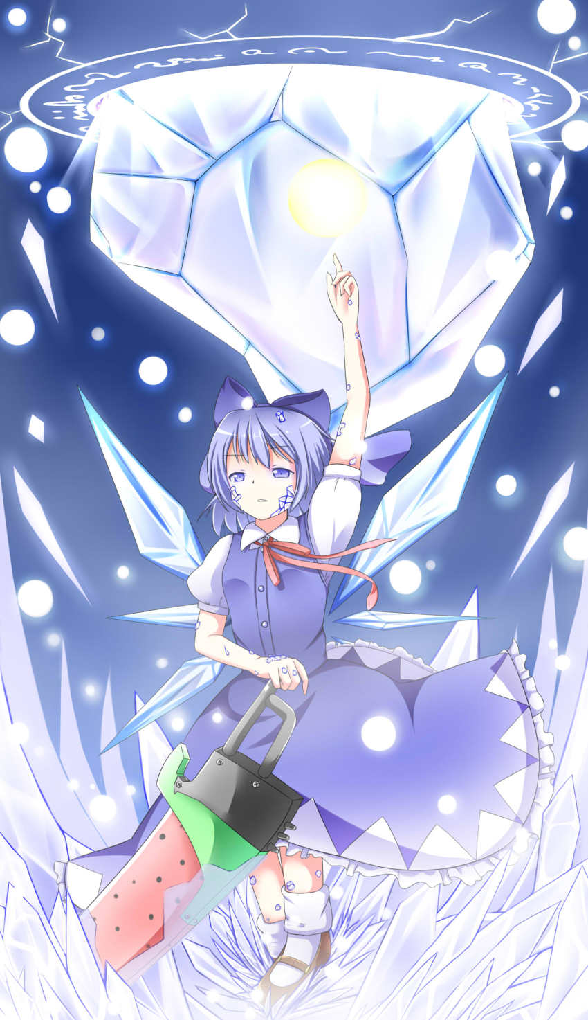 1girl, absurdres, advent_cirno, blue_dress, blue_eyes, blue_hair, bow, cirno, dress, dress_shirt, female_focus, hair_bow, highres, ice, magic_circle, makuran, mary_janes, matching_hair/eyes, shirt, shoes, short_hair, solo, suika_blade, touhou, wings