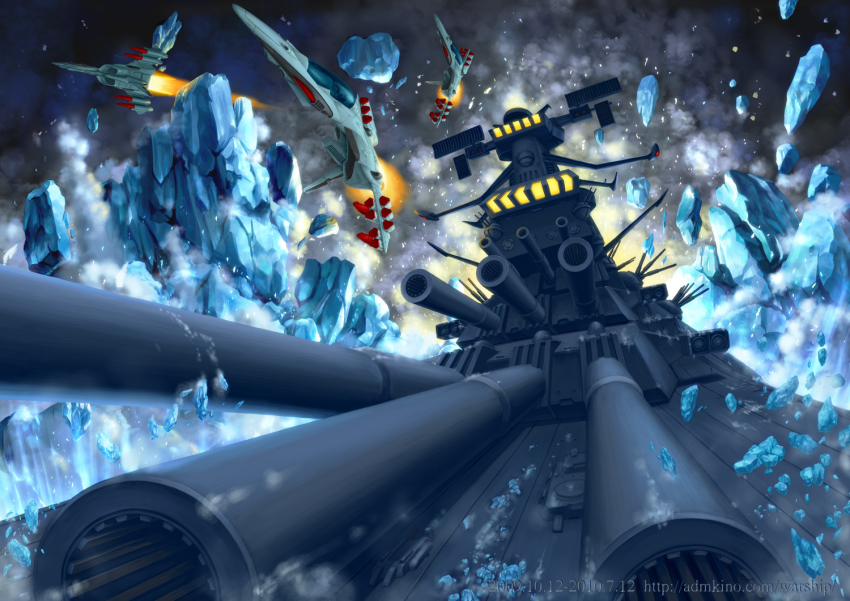 00s, 10s, 1970s_(style), 1980s_(style), 2009, 2010, antennae, cannon, cockpit, cosmo_tiger, cosmo_zero, dutch_angle, epic, fleet, flying, foreshortening, ice, kinoshita_teitoku, missile, no_humans, retro_artstyle, realistic, rebirth_yamato, science_fiction, space, spacecraft, uchuu_senkan_yamato, uchuu_senkan_yamato_2199, watermark, web_address, yamato_(uchuu_senkan_yamato)