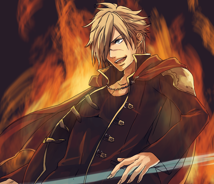 1boy, blonde_hair, cape, final_fantasy, final_fantasy_type-0, hair_over_one_eye, kino_(o2ban0), nine_(fft-0), scar, short_hair
