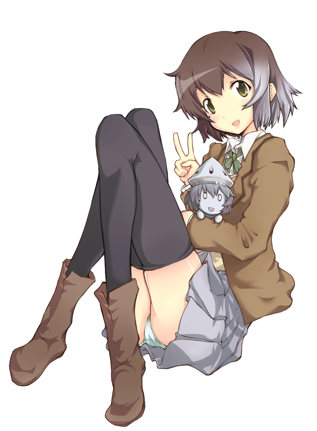 00s, 1girl, amia_lee, black_thighhighs, blazer, blue_eyes, boots, brown_hair