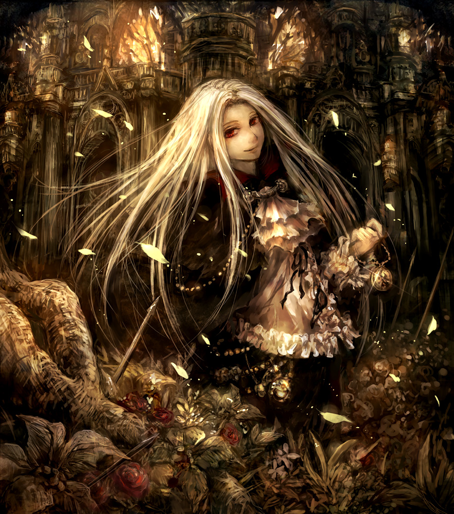 1girl, bad_id, bad_pixiv_id, castle, female_focus, flower, long_hair, original