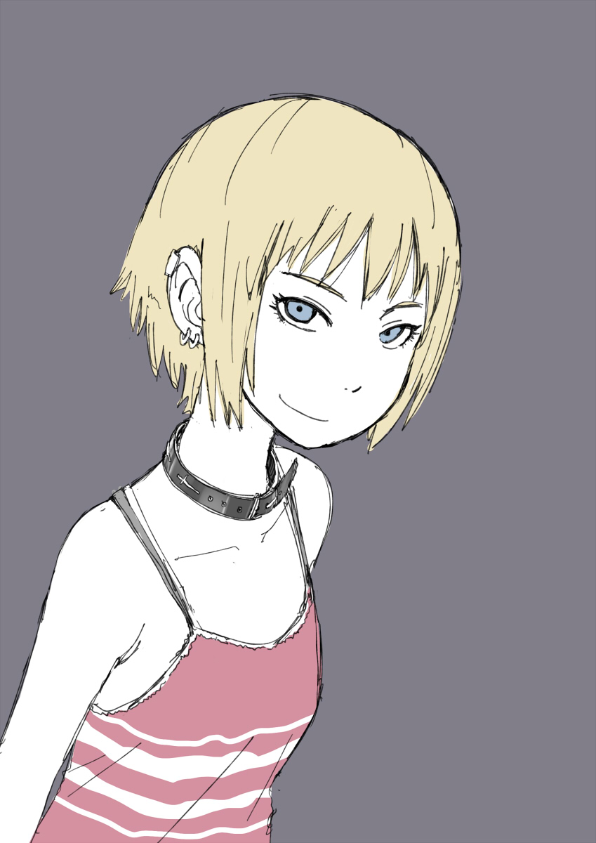 1girl, blonde_hair, blue_eyes, camisole, collar, earrings, highres, jewelry, kon_futaba, naotan, piercing, short_hair, smile, soredemo_machi_wa_mawatteiru