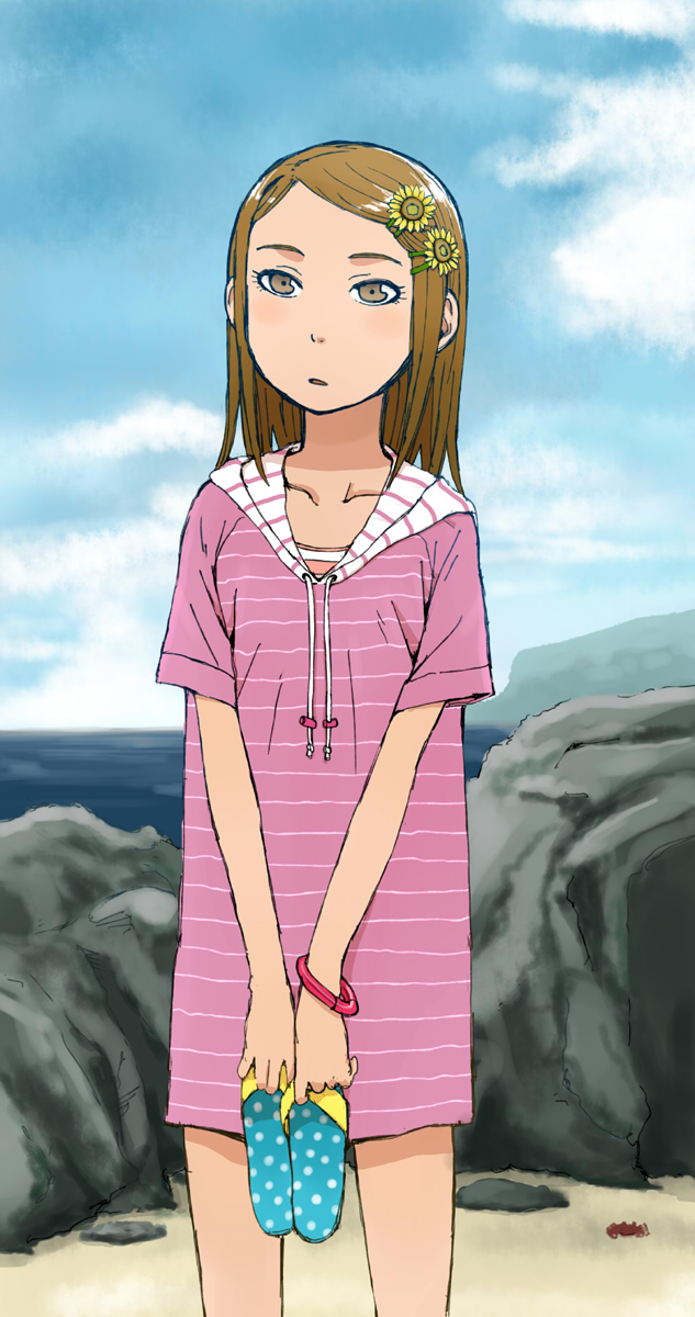 1girl, beach, bracelet, brown_eyes, brown_hair, day, flower, hair_ornament