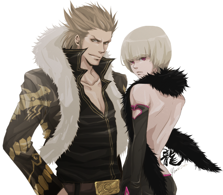 1boy, 1girl, back, brown_hair, capcom, expressionless, fur_trim, grey_hair