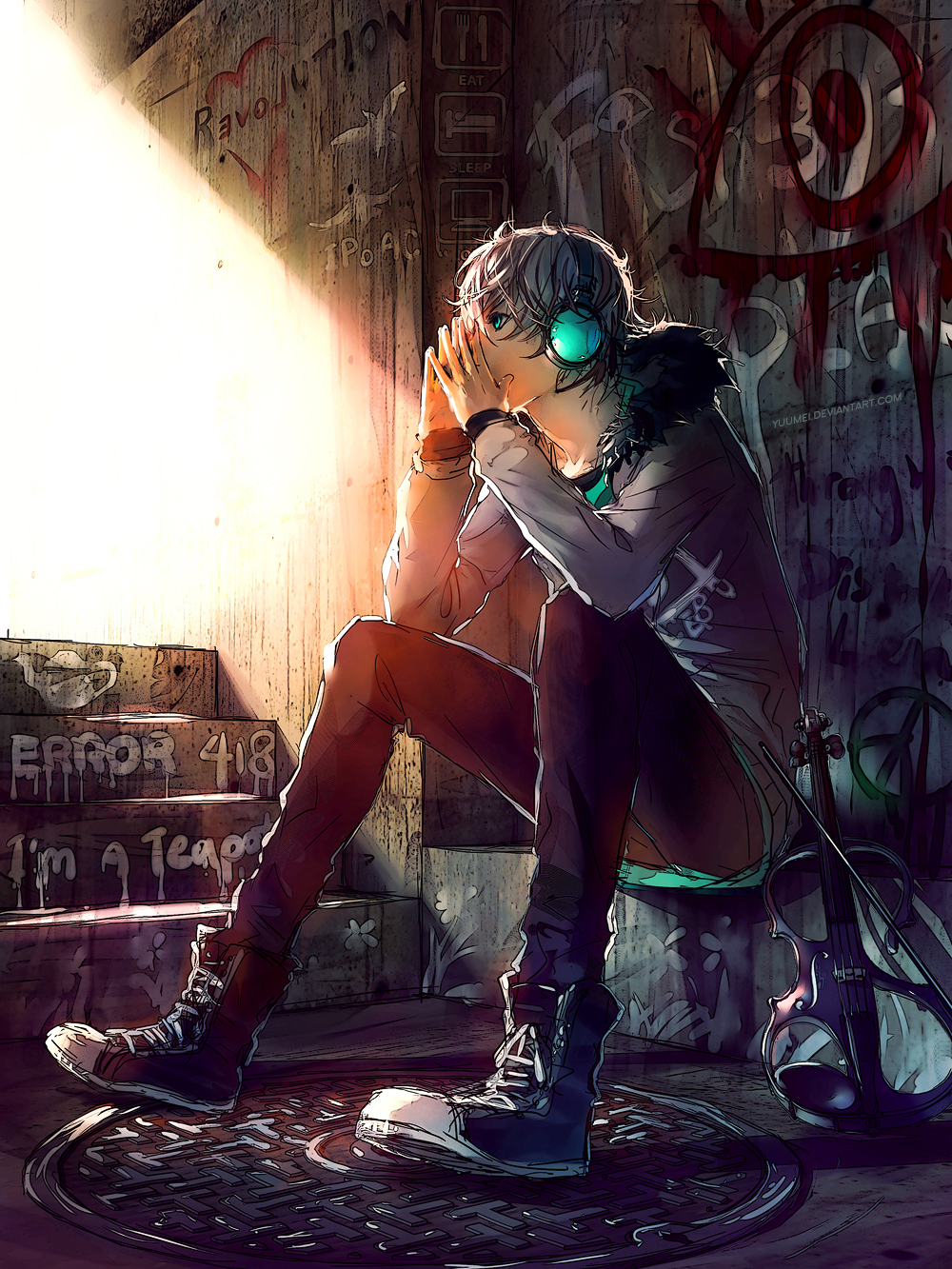 1boy, blue_eyes, clothes_writing, copyright_name, fisheye_placebo, frey_(fisheye_placebo), graffiti, grey_hair