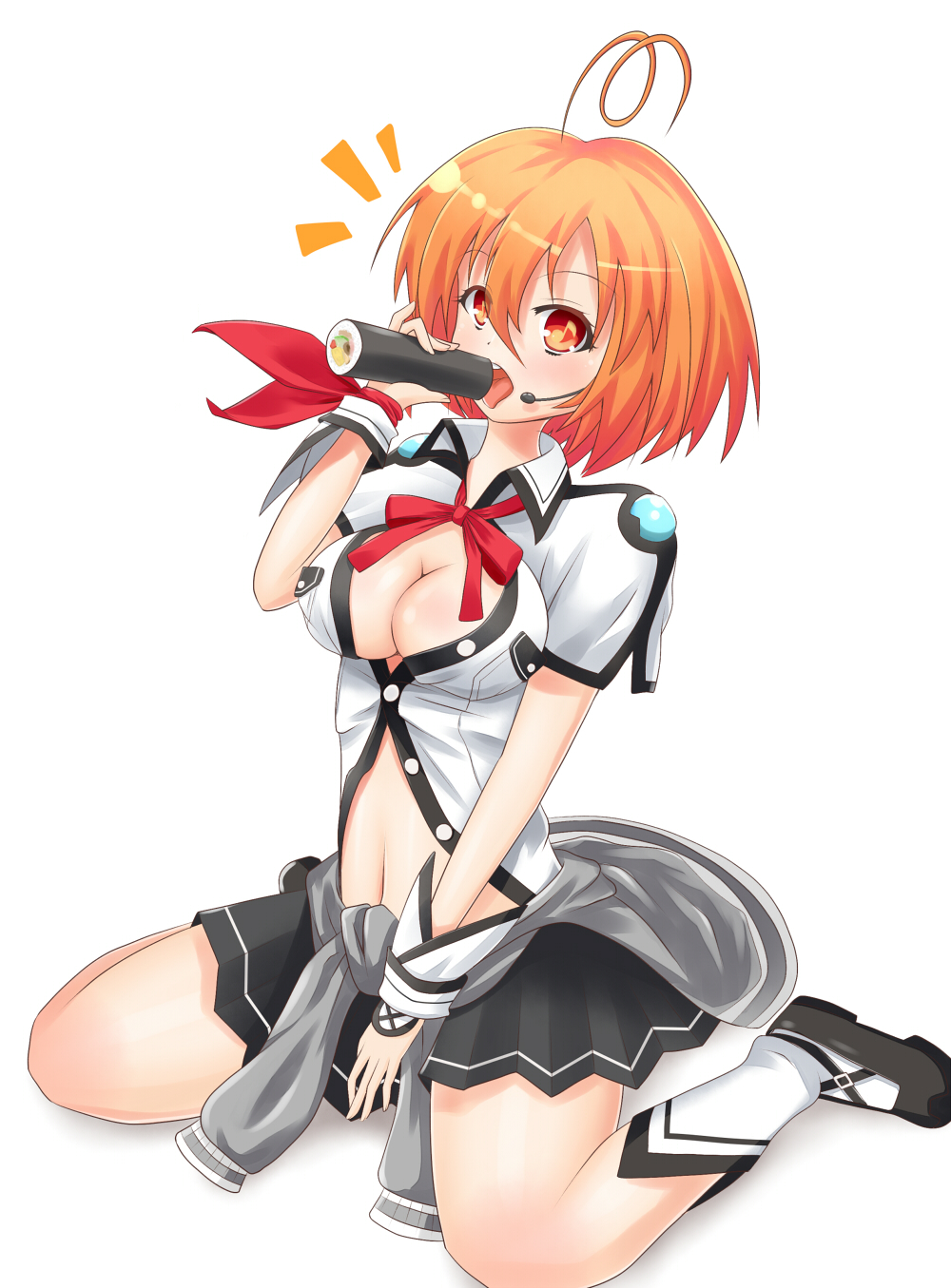 10s, 1girl, ahoge, breasts, cleavage, female_focus, food, highres