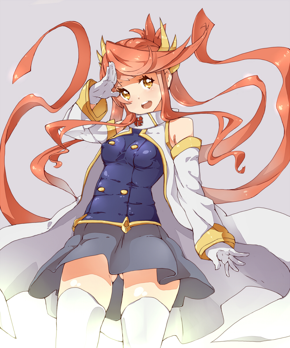 1girl, breasts, covered_erect_nipples, detached_sleeves, duel_monster, female_focus, gagaga_clerk, gloves, highres, long_hair, matching_hair/eyes, mochi_hanpen, orange_eyes, orange_hair, skirt, solo, thighhighs, very_long_hair, white_thighhighs, yu-gi-oh!