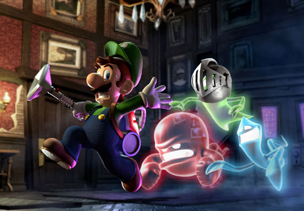 1boy, blue_eyes, chasing, facial_hair, ghost, gloves, glowing, glowing_eyes, greenie, hat, helmet, hider, indoors, luigi, luigi's_mansion, luigi's_mansion_dark_moon, mario_(series), mustache, nintendo, poltergust_5000, portraits, running, scared, slammer, suspenders, sweat, vacuum_cleaner