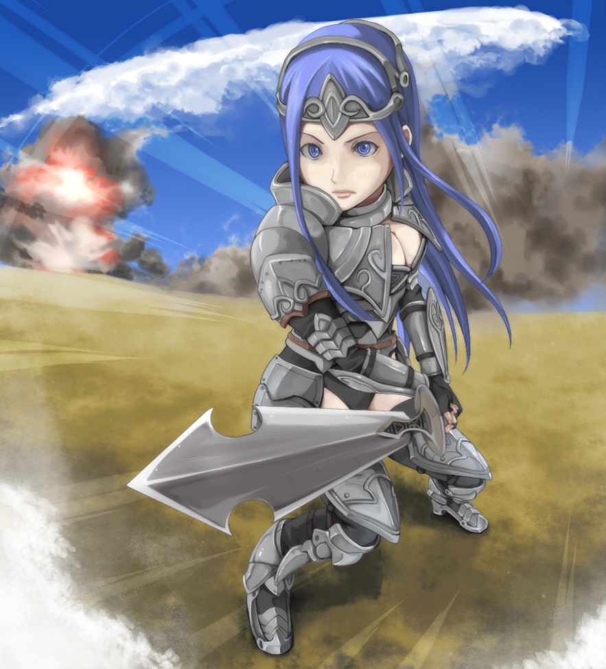 1girl, armor, blue_eyes, blue_hair, breasts, cleavage, knight, long_hair, mal_(mal7), richelle, sword, valkyrie_profile_(series), valkyrie_profile_2:_silmeria, warrior, weapon