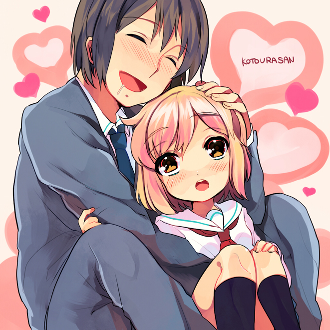 10s, 1boy, 1girl, bad_id, bad_pixiv_id, blonde_hair, blush, brown_hair