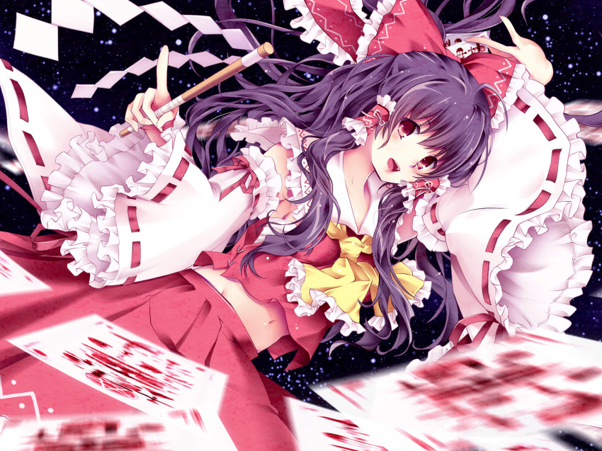 1girl, ashi_yume, black_hair, bow, detached_sleeves, dress, female_focus, gohei