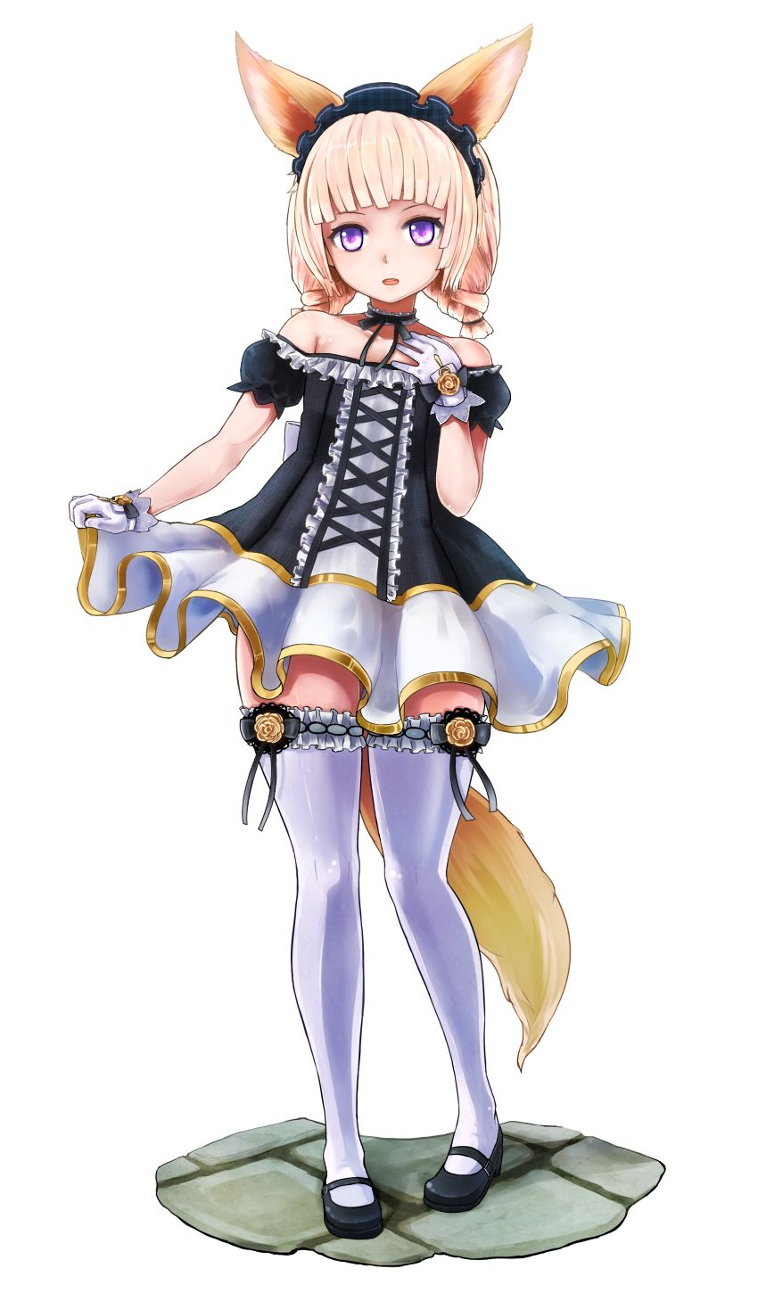 1girl, animal_ears, bare_shoulders, blonde_hair, braid, dress, elin, female_focus, fox_ears, frilled_thighhighs, frills, gloves, gymno, highres, mary_janes, purple_eyes, shoes, short_hair, solo, tail, tera_online, thighhighs, twin_braids, twintails, zettai_ryouiki