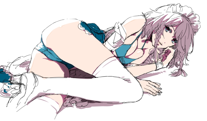1girl, ass, bad_id, bad_pixiv_id, blue_eyes, bra, breasts, cleavage, female_focus, high_heels, izayoi_sakuya, large_breasts, looking_at_viewer, lying, maid_headdress, panties, shizumi_satou, shoes, silver_hair, sketch, solo, thighhighs, touhou, underwear, white_thighhighs, wrist_cuffs