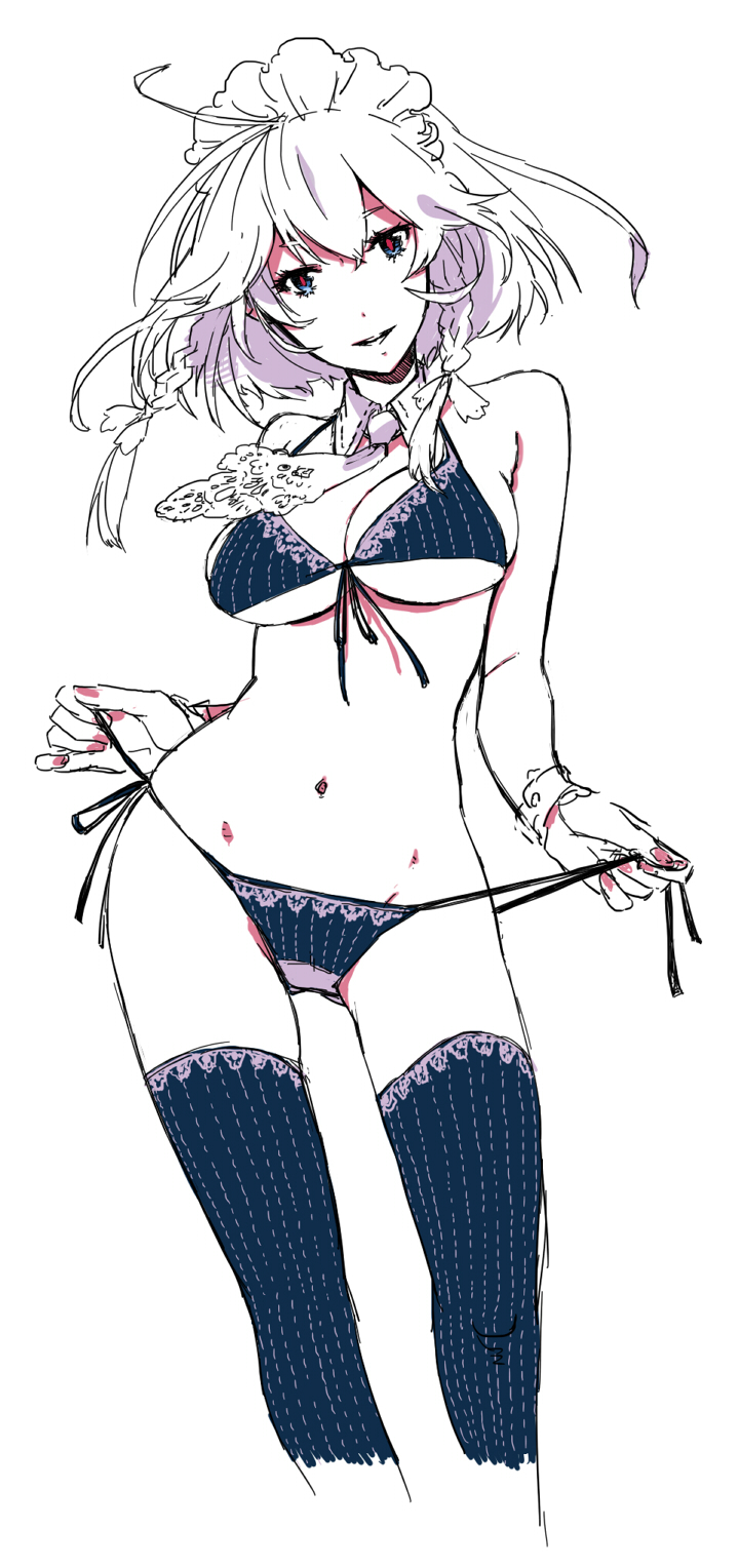 1girl, bad_id, bad_pixiv_id, black_bra, black_panties, black_thighhighs, bra, braid, breasts, cleavage, detached_collar, female_focus, front-tie_top, groin, highres, izayoi_sakuya, large_breasts, looking_at_viewer, maid_headdress, navel, panties, shizumi_satou, side-tie_panties, simple_background, sketch, smile, solo, spot_color, thighhighs, touhou, twin_braids, underboob, underwear, underwear_only, white_background, wrist_cuffs