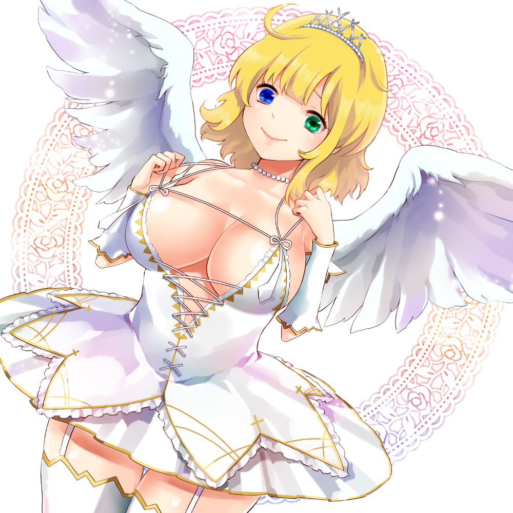 10s, 1girl, ahoge, bad_id, bad_pixiv_id, bare_shoulders, blonde_hair, blue_eyes, breasts, cleavage, dress, female_focus, green_eyes, happy, heterochromia, jewelry, jinkei, large_breasts, necklace, pearl_necklace, ribbon, ryouna_(senran_kagura), senran_kagura, senran_kagura_shinovi_versus, short_hair, smile, solo, standing, thick_thighs, thigh_gap, thighhighs, thighs, tiara, viceco03talis, white_thighhighs, wings