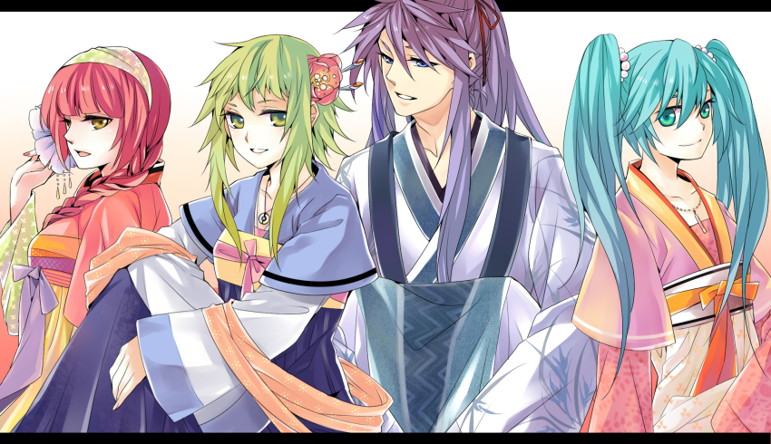 1boy, 3girls, alternate_costume, aqua_eyes, aqua_hair, blue_eyes, flower, green_eyes