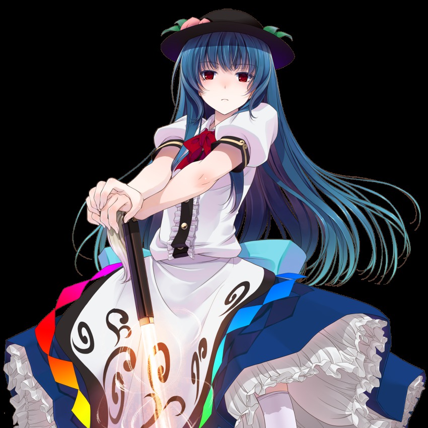 1girl, blue_hair, bow, crote, expressionless, female_focus, food, frills