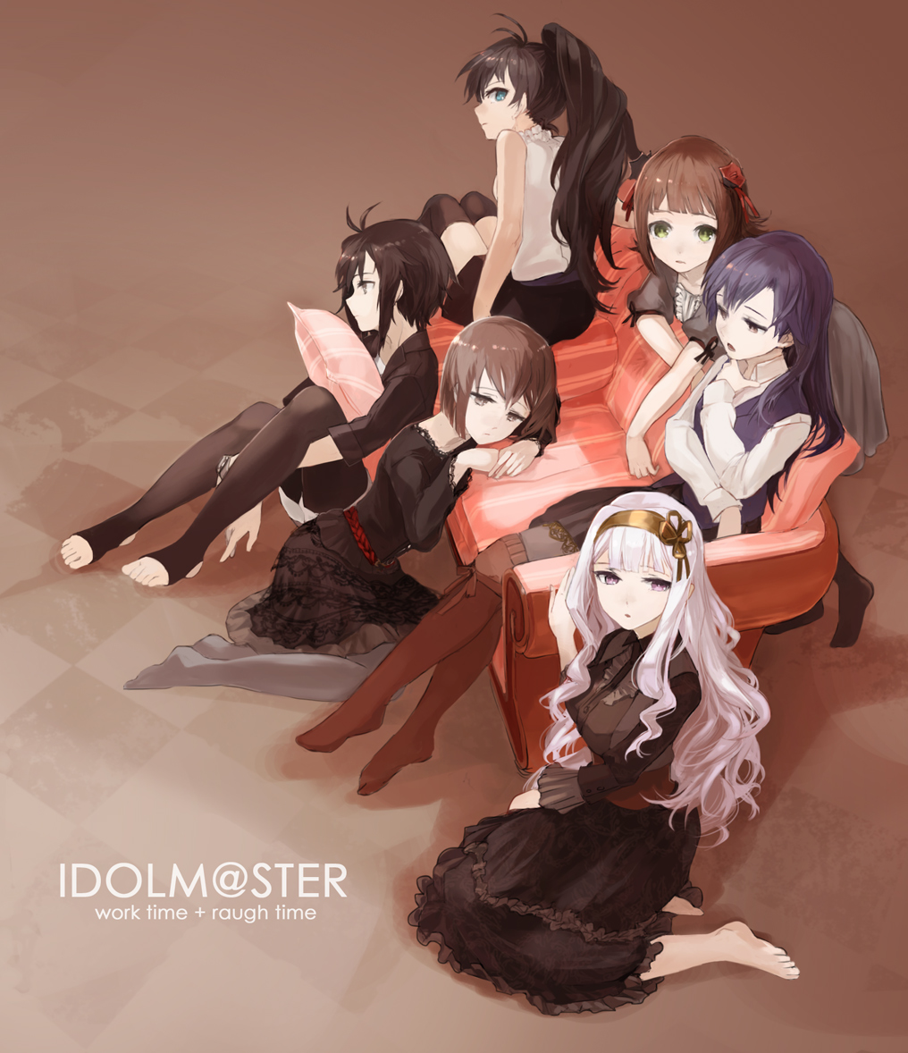 6+girls, amami_haruka, barefoot, black_dress, black_shirt, black_skirt, boot_socks, bow, brown_eyes, brown_hair, checkered_floor, copyright_name, couch, dress, english_text, engrish_text, floor, frilled_dress, frilled_skirt, frills, ganaha_hibiki, green_eyes, hagiwara_yukiho, hair_bow, hairband, idolmaster, idolmaster_(classic), kikuchi_makoto, kisaragi_chihaya, lace, leggings, long_hair, long_skirt, multiple_girls, open_mouth, pantyhose, patterned_upholstery, pillow, pink_eyes, pink_hair, ponytail, purple_hair, ranguage, red_upholstery, shijou_takane, shirt, short_hair, sitting, skirt, stirrup_legwear, striped_upholstery, thighhighs, toeless_legwear, toes, vest, watarubou, wavy_hair