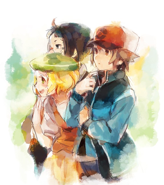 10s, 1girl, 2boys, 8'108, ahoge, baseball_cap, bianca_(pokemon), black_hair