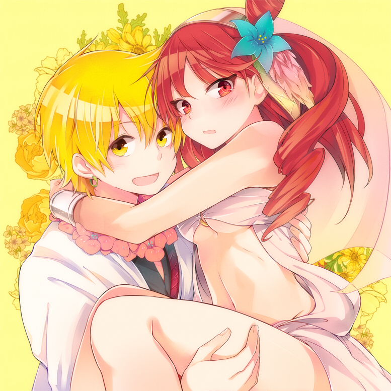 1boy, 1girl, alibaba_saluja, blonde_hair, blush, breasts, carrying, couple