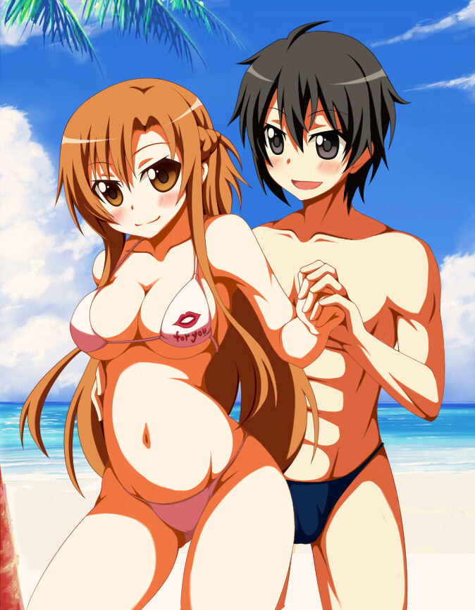 10s, 1boy, 1girl, asuna_(sao), beach, bikini, black_hair, blue_male_swimwear