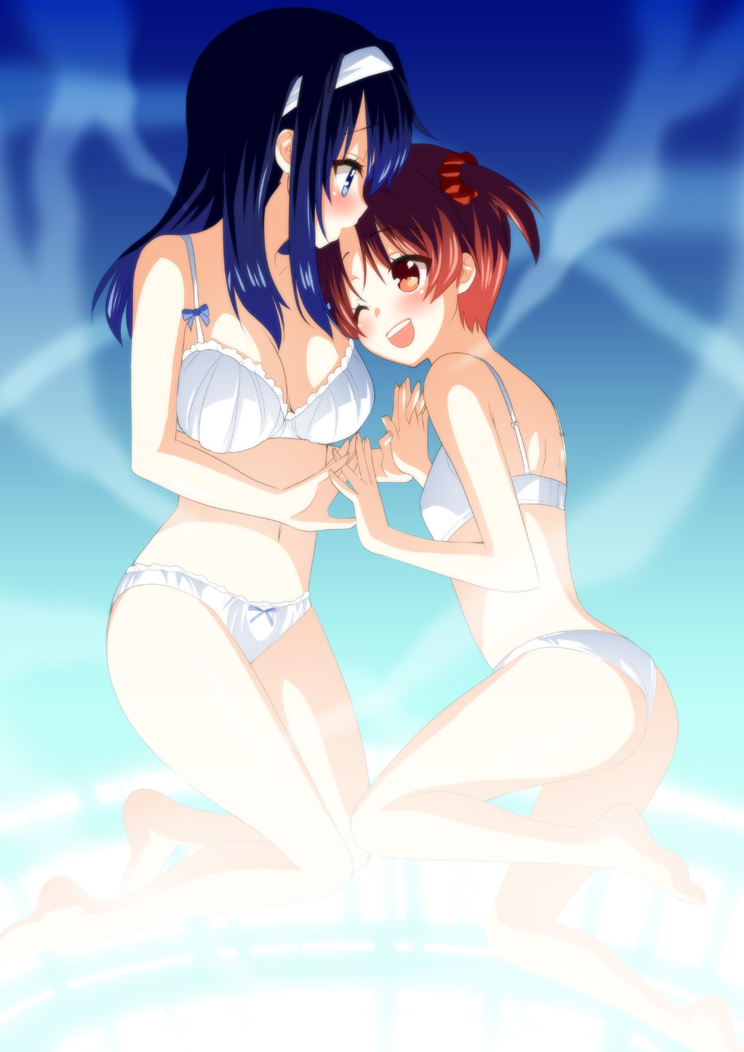 2girls, ;d, ass, blue_eyes, blue_hair, blush, bra, breasts, brown_eyes, brown_hair, cleavage, docking_(vividred_operation), futaba_aoi_(vividred_operation), glowing, hairband, holding_hands, interlocked_fingers, isshiki_akane, lingerie, long_hair, medium_breasts, multiple_girls, one_eye_closed, open_mouth, panties, saki_chisuzu, scrunchie, short_hair, small_breasts, smile, twintails, underwear, underwear_only, vividred_operation, wink, yuri
