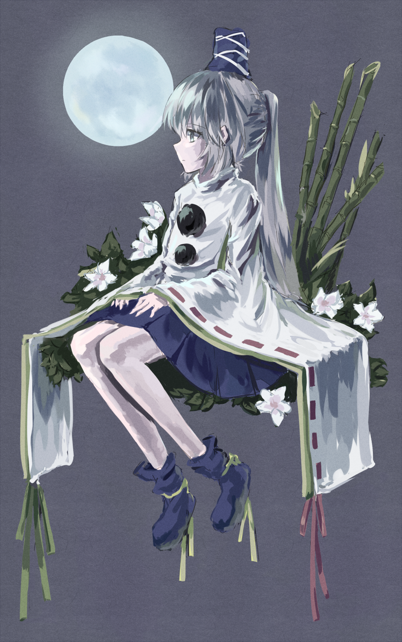 152971, 1girl, bamboo, female_focus, flower, full_moon, grey_eyes, hat