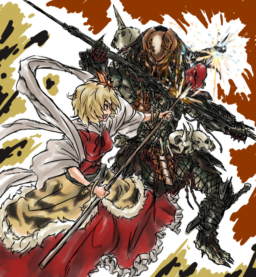 1girl, absurdres, armor, blonde_hair, bracelet, combistick, dreadlocks, dress