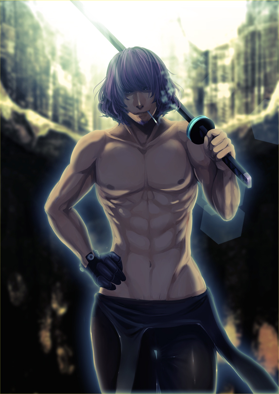 00s, 1boy, asahi_manyou, bodysuit, cigarette, gantz, gantz_suit, gloves