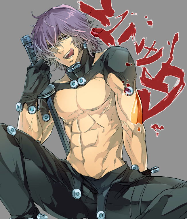 00s, 1boy, bodysuit, gantz, gantz_suit, gloves, kuwabara_kazuo, male_focus, muscular, short_hair, solo, sword, tongue, tongue_out, weapon, zaqloxxx