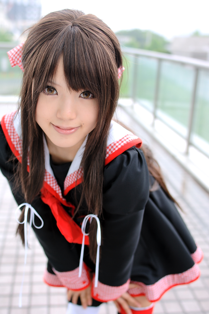 1girl, breasts, brown_eyes, brown_hair, color_contacts, cosplay, east_asian, female_focus