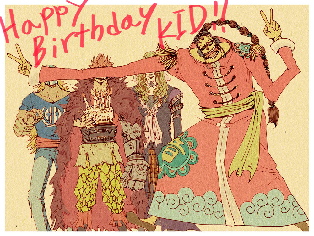 4boys, abco, basil_hawkins, birthday, blonde_hair, brown_hair, cake, eustass_kid, food, full_body, glasses, headphones, helmet, killer_(one_piece), male_focus, multiple_boys, muscular, one_piece, red_hair, sash, scratchmen_apoo, standing, supernova, tattoo