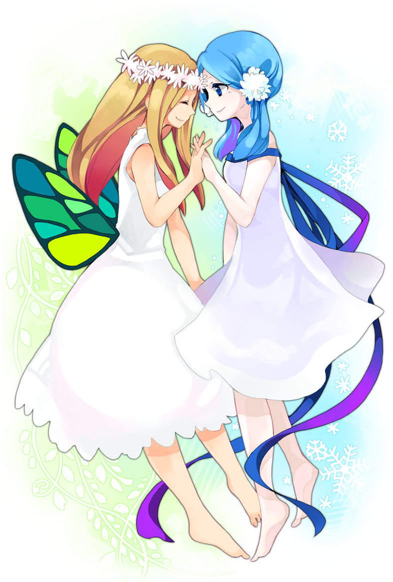 2girls, bad_id, bad_pixiv_id, bemani, blonde_hair, blue_eyes, blue_hair, bonne_c, closed_eyes, hair_ornament, head_wreath, long_hair, multiple_girls, pop'n_music, shion_(pop'n_music), silvia_(pop'n_music), smile, wings