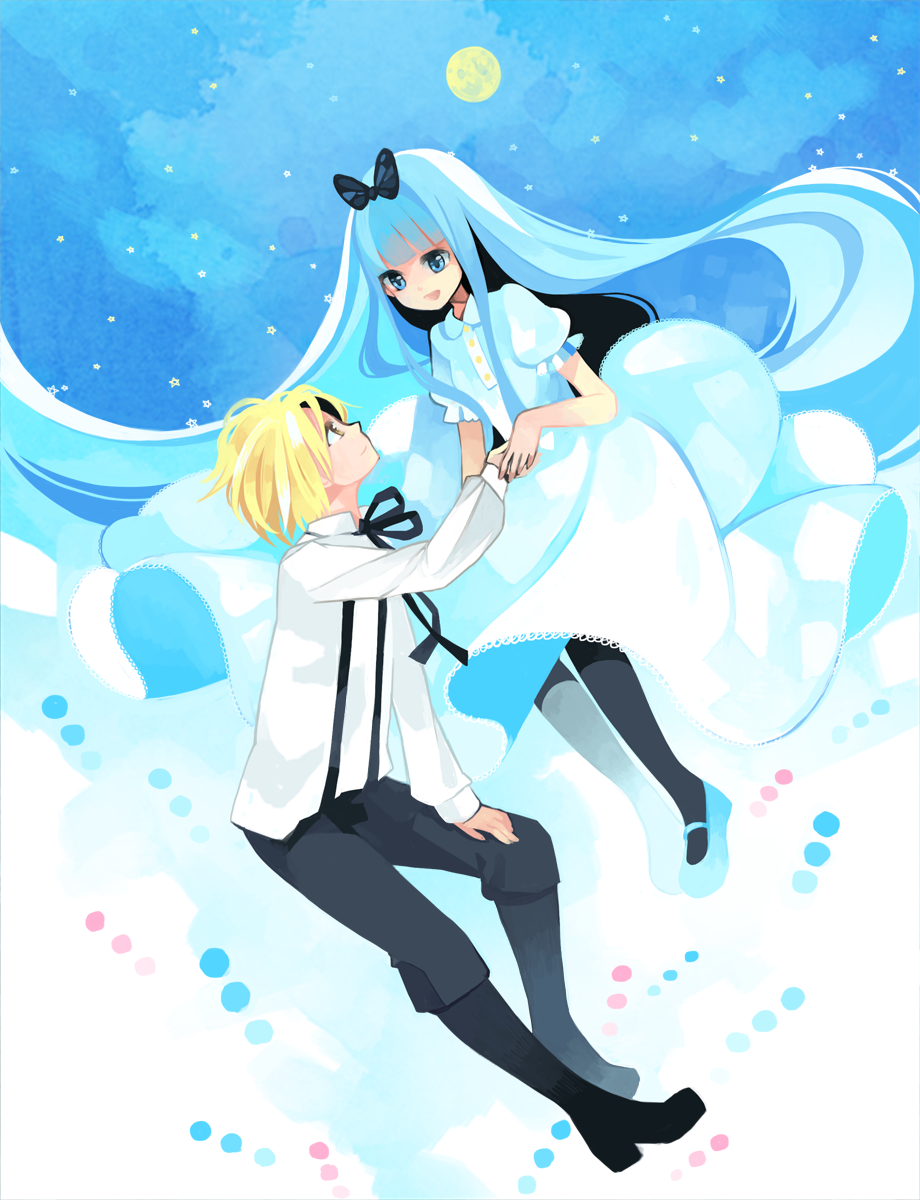 1boy, 1girl, bad_id, bad_pixiv_id, bemani, blonde_hair, blue_eyes, blue_hair, bonne_c, dress, highres, jubeat, long_hair, sayonara_trip, short_hair, yellow_eyes