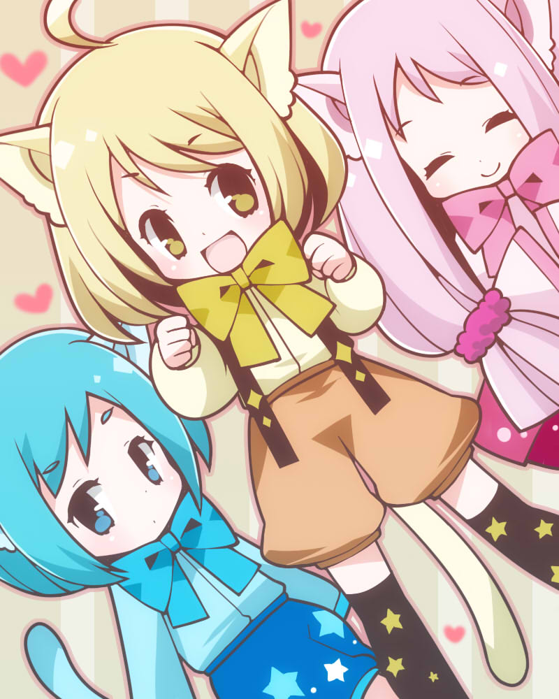 3girls, ahoge, animal_ears, ao_(sound_voltex), bad_id, bad_pixiv_id, bemani, blonde_hair