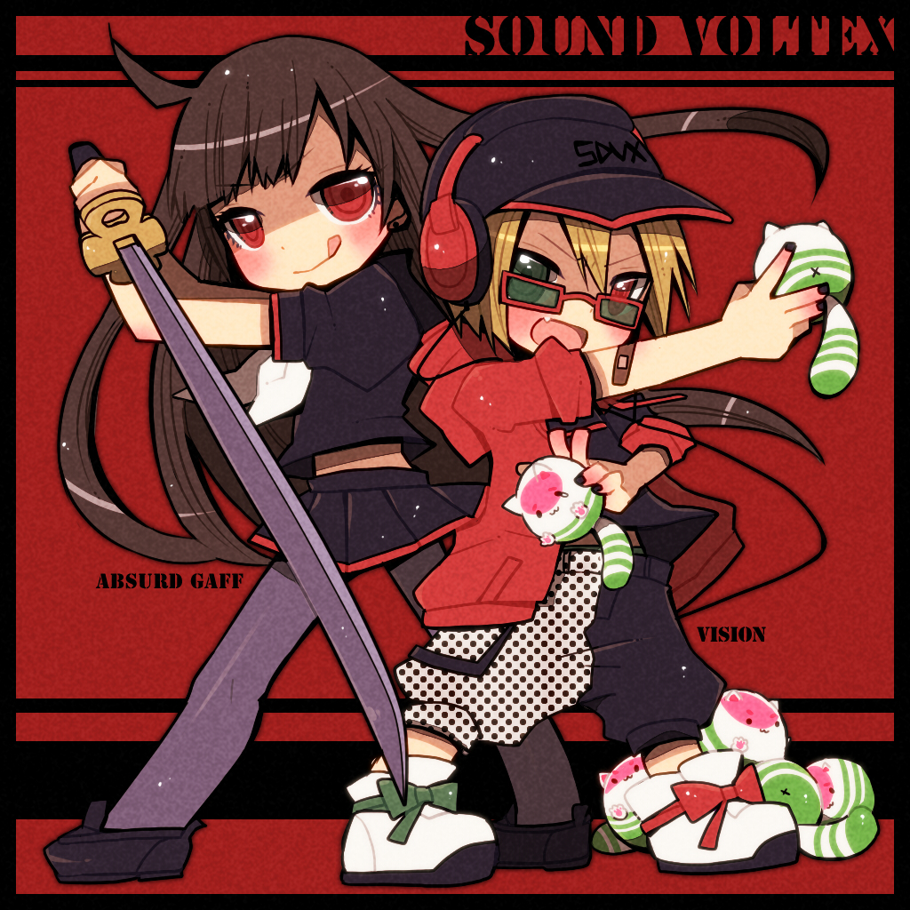 1boy, 1girl, bad_id, bad_pixiv_id, bemani, blonde_hair, brown_hair, fang