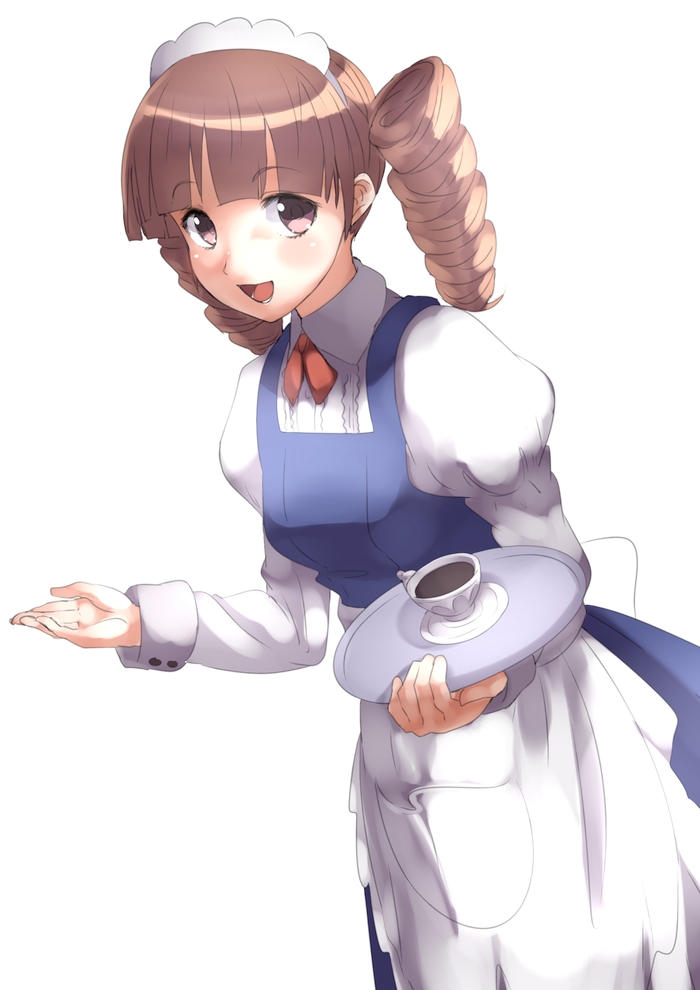 1girl, apron, blush, brown_hair, drill_hair, female_focus, jikkyou_powerful_pro_yakyuu, long_hair