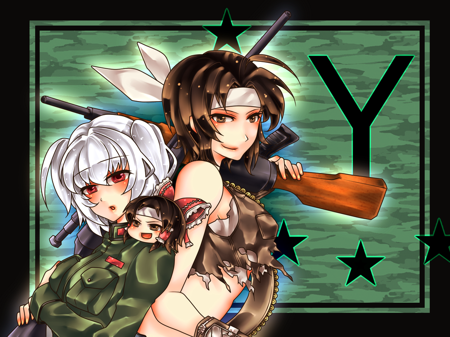 2girls, angel_(team_yukkuri), bandana, bow, brown_eyes, brown_hair, crop_top, discharge_cycle