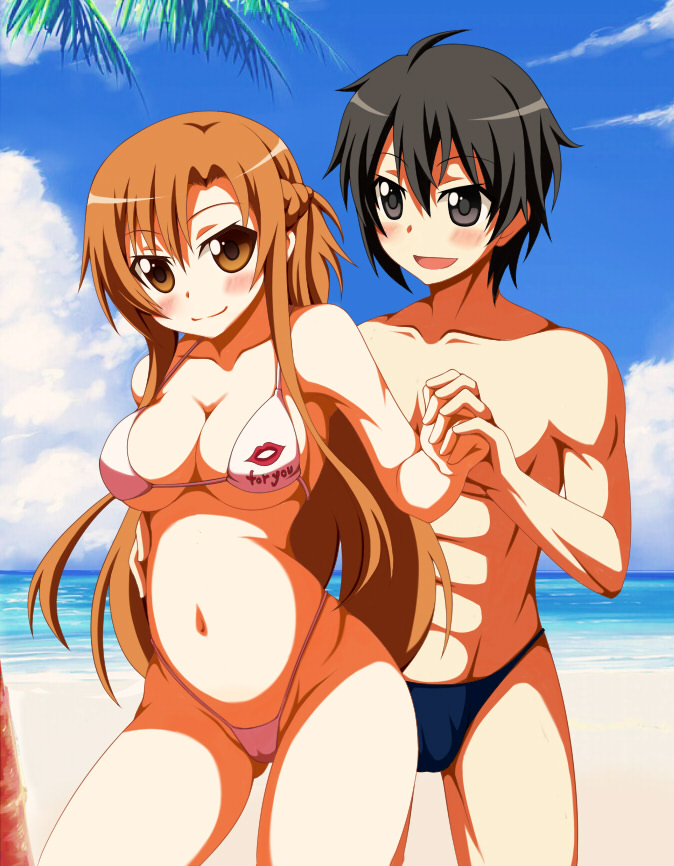 10s, 1boy, 1girl, asuna_(sao), beach, bikini, black_hair, black_male_swimwear, black_swim_briefs, brown_eyes, brown_hair, commission, couple, day, gacchi_(supergatchi), hetero, highleg, highleg_bikini, holding_hands, kirito, long_hair, male_swimwear, navel, pink_bikini, print_bikini, short_hair, swim_briefs, swimsuit, sword_art_online, toned, toned_male, topless_male