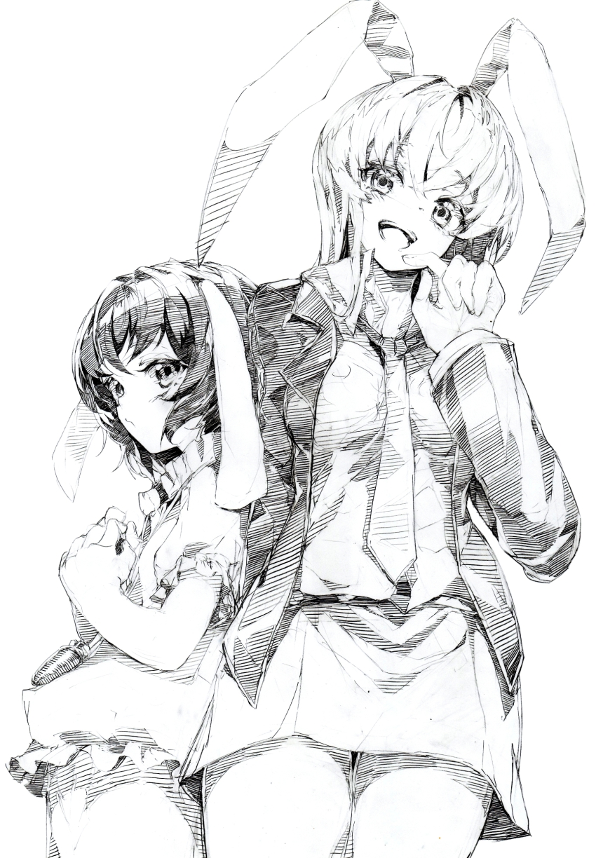2girls, absurdres, animal_ears, bad_id, bad_pixiv_id, female_focus, graphite_(medium), graphite_medium