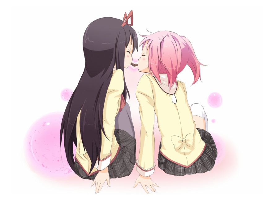 10s, 2girls, akemi_homura, bad_id, bad_pixiv_id, black_hair, black_pantyhose, candy