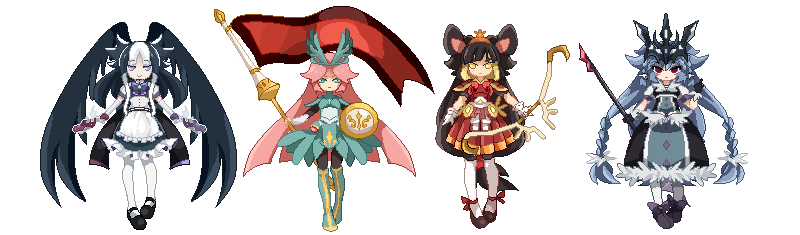 4girls, akatsuki_no_miko_amaterasu, armor, bad_id, bad_pixiv_id, blue_hair, boots, bow_(weapon), brown_hair, dress, full_body, gloves, green_eyes, gun, hakugin_no_jouou_geruda, inazuma_eleven_(series), inazuma_eleven_go, inazuma_eleven_go_chrono_stone, keshin_(inazuma_eleven), kokuu_no_megami_athena, lance, long_hair, mary_janes, multiple_girls, personification, pink_hair, pixel_art, polearm, purple_eyes, senkishi_brunnhilde, shield, shoes, shouen_kigashi, smile, transparent_background, very_long_hair, weapon, yellow_eyes