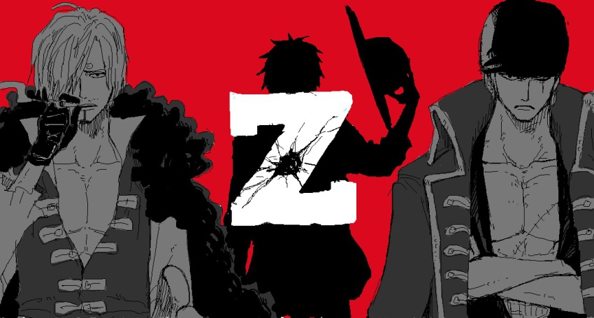 3boys, bandana, color_background, copyright_name, crossed_arms, daishou_(hirotoxxx), earrings, facial_hair